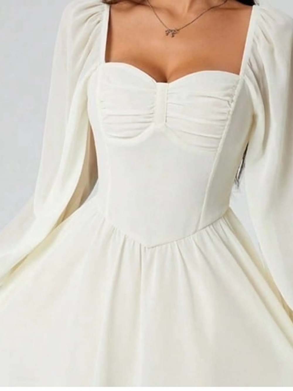 🥥 Women's Ivory unique Square Neck Long-Sleeve Fit & Flare Dress